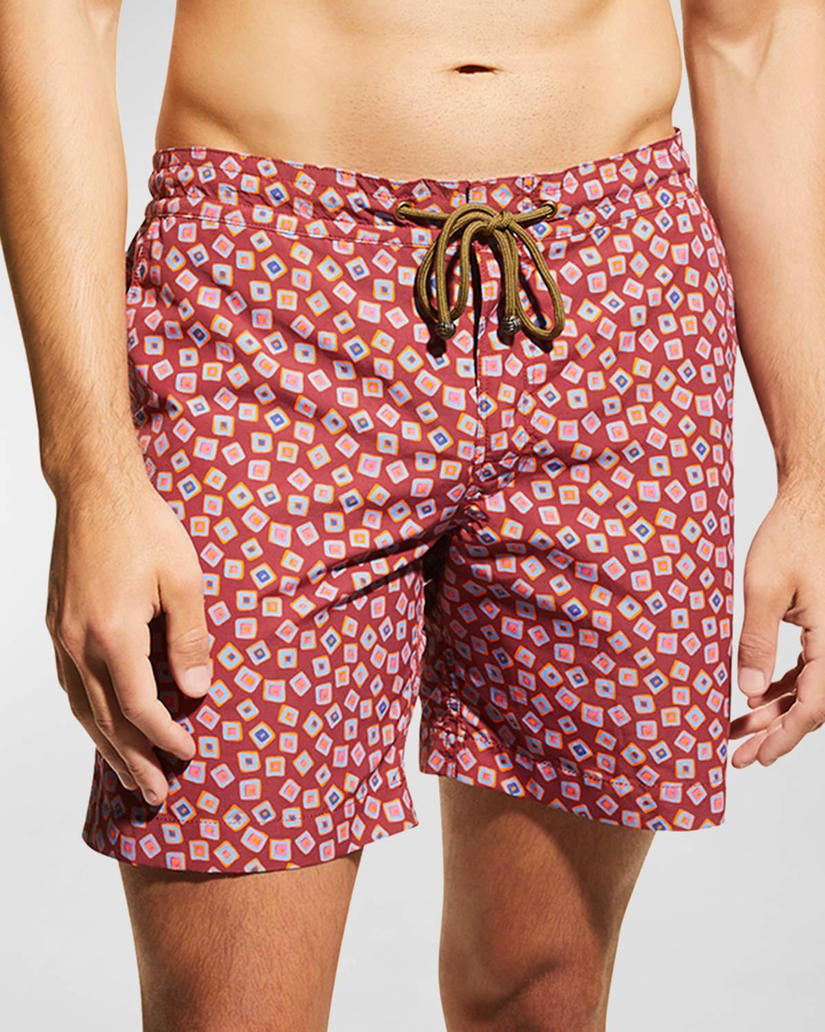 Mens Square-Print Swim Shorts, Red Product Image