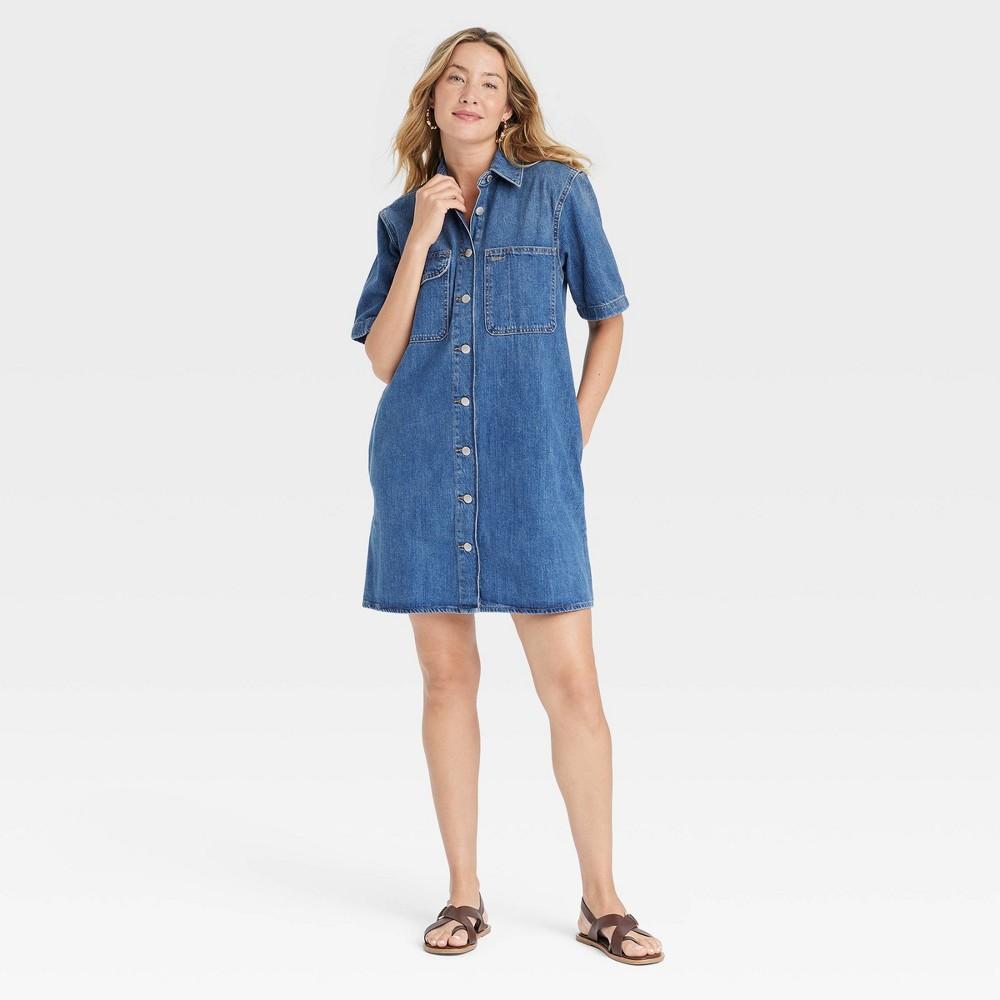 Womens Short Sleeve Mini Shirtdress - Universal Thread Blue M Product Image