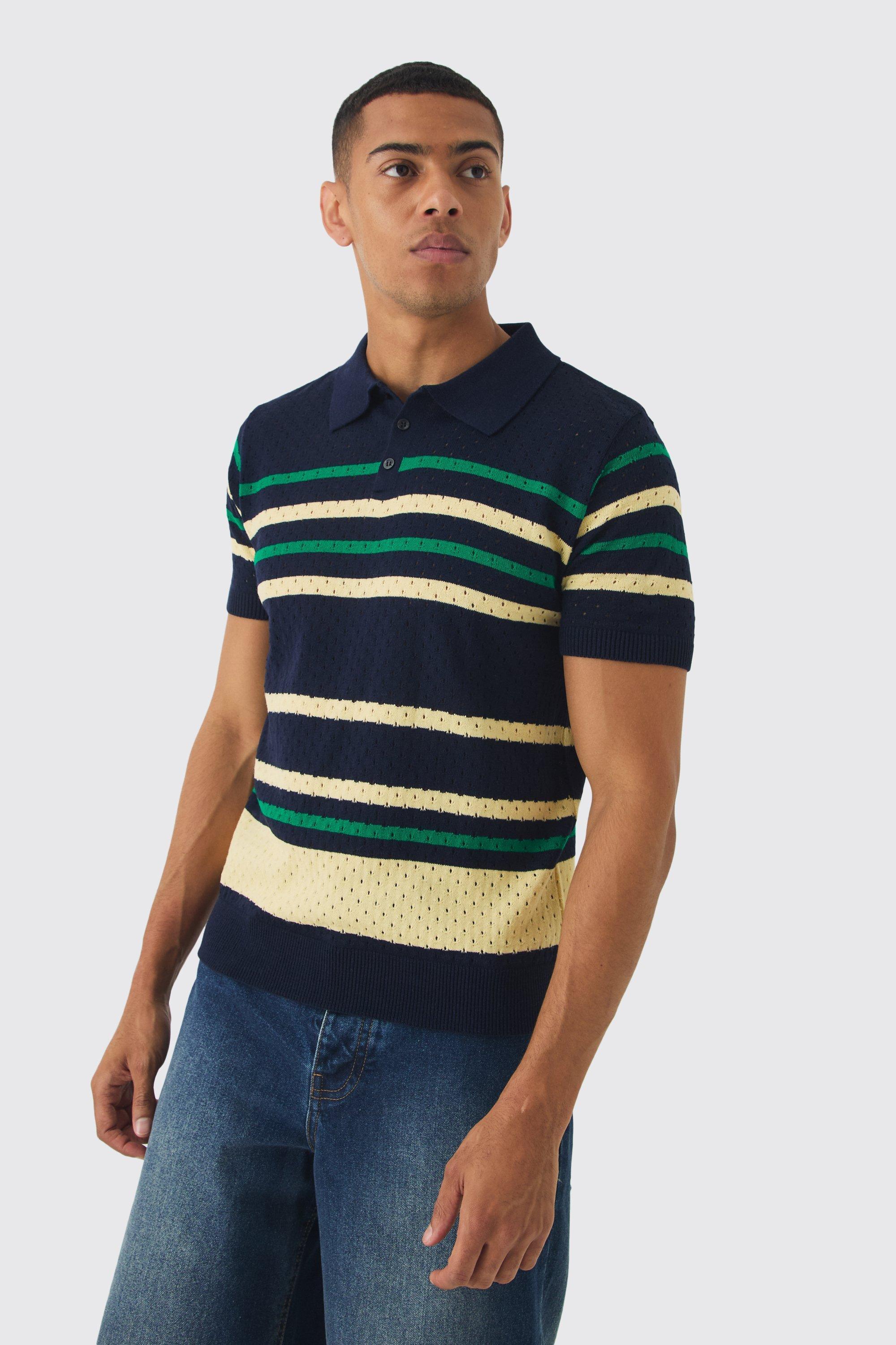 Regular Fit Stripe Open Stitch Polo | boohooMAN USA Product Image