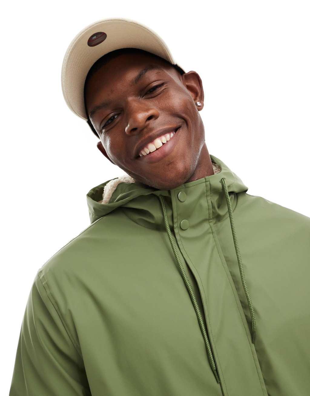 ASOS DESIGN rubberized rain jacket with borg lining in khaki Product Image