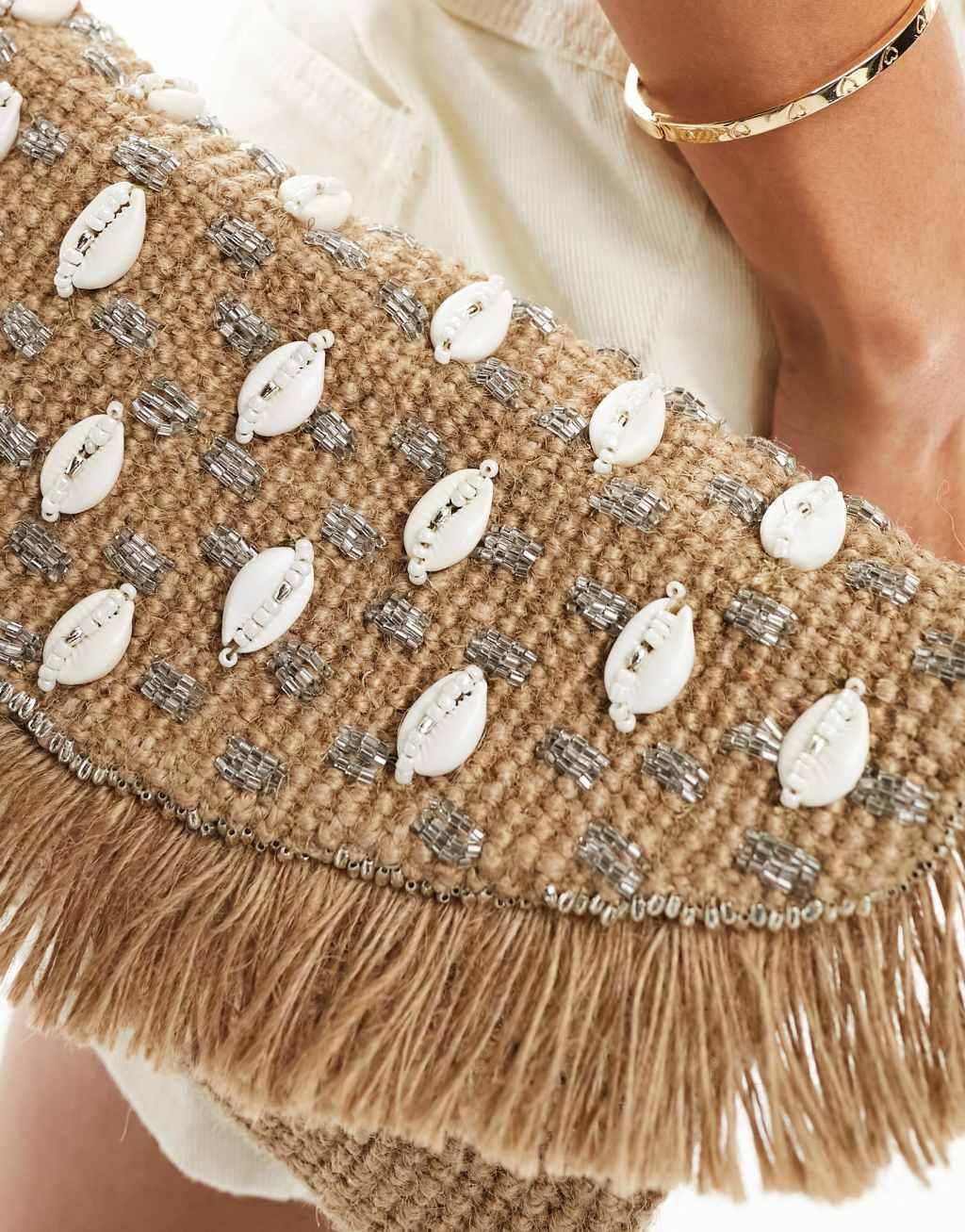 Glamorous embellished shell beachy clutch bag in natural Product Image