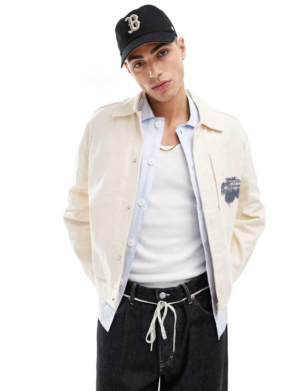 Bershka back printed jacket in ecru Product Image