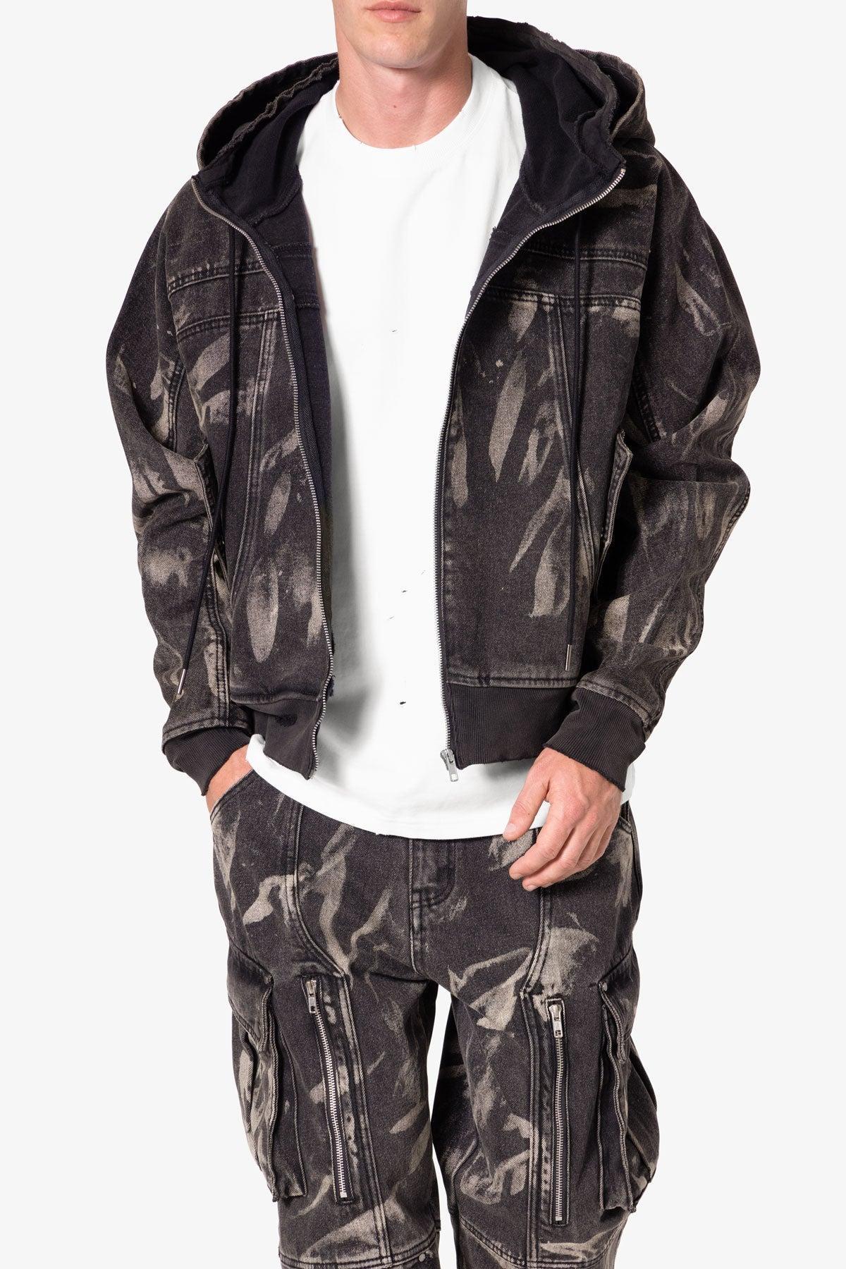 Double Denim Hooded Bomber Jacket - Black Product Image