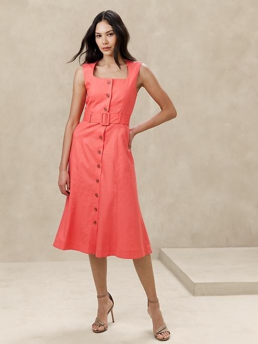 Linen-Blend Button Midi Dress Product Image