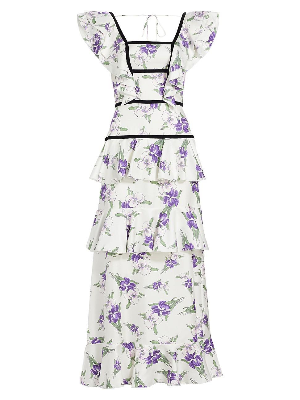 Womens Iris Print Silk Twill Ruffle Cocktail Dress Product Image