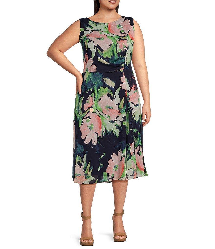 DKNY Plus Size Sleeveless Boat Neck Floral Chiffon Fit And Flare Midi Dress Product Image