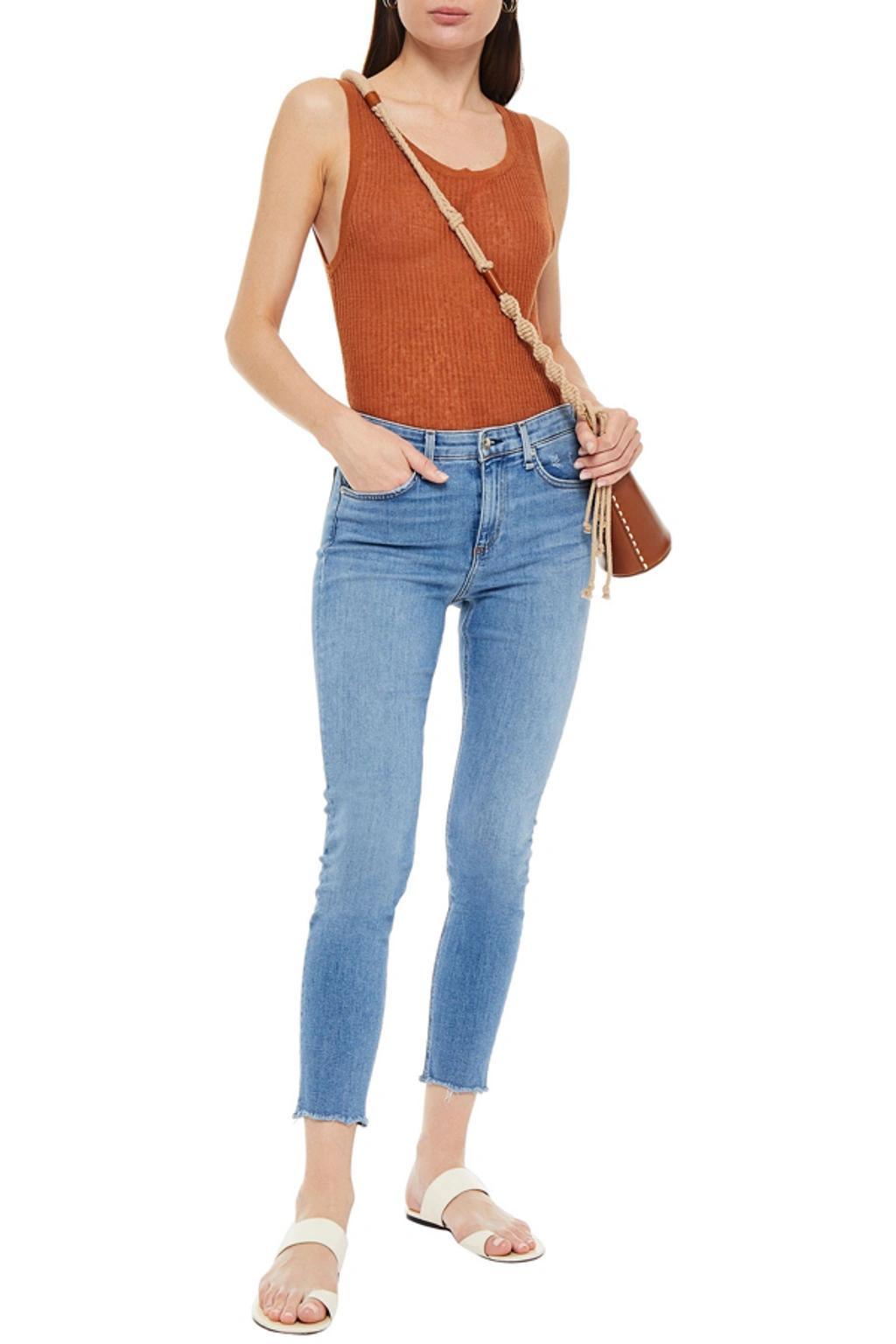 Cropped Distressed Mid-rise Skinny Jeans In Light Denim product image