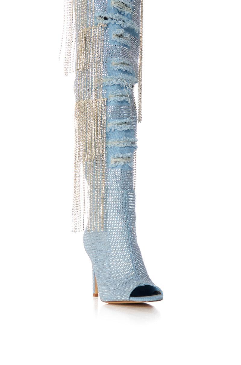 AZALEA WANG MADILYN RHINESTONE DENIM PEEP TOE BOOT Product Image