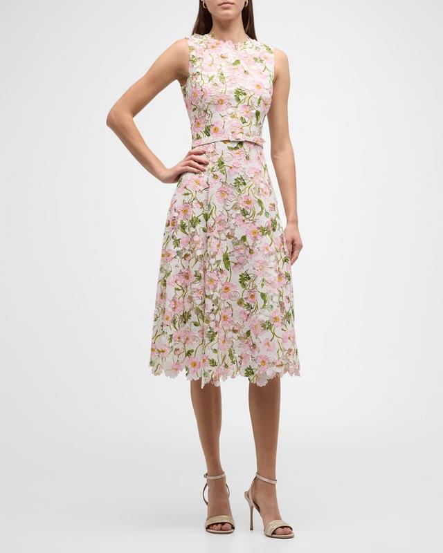 Oscar de la Renta Botanical Print Lace Belted Dress Product Image