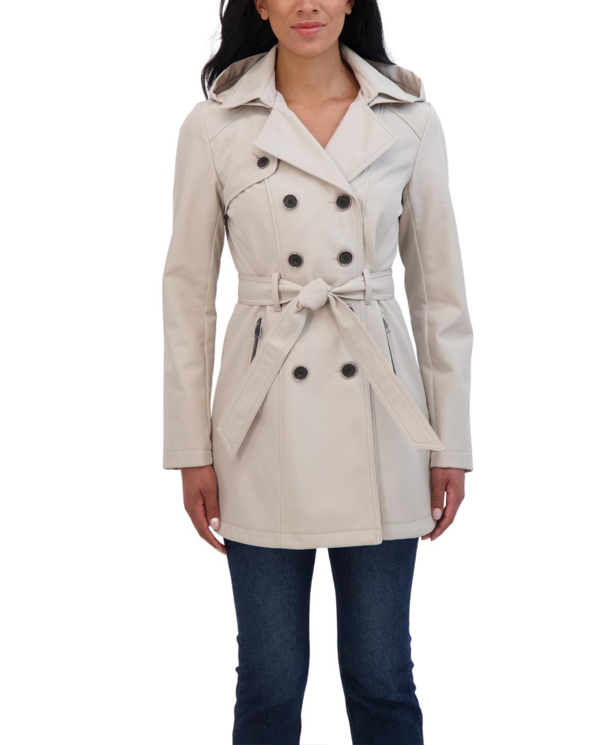 Sebby Collection Womens Belted Double Breasted Soft Shell Trench Coat With Detachable Hood Product Image