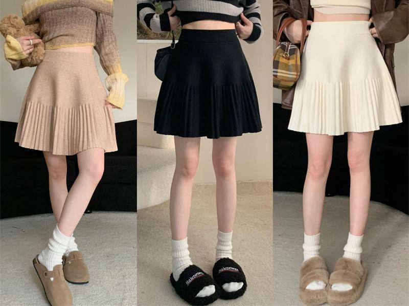 High Rise Plain Mini A-Line Knit Skirt Product Image