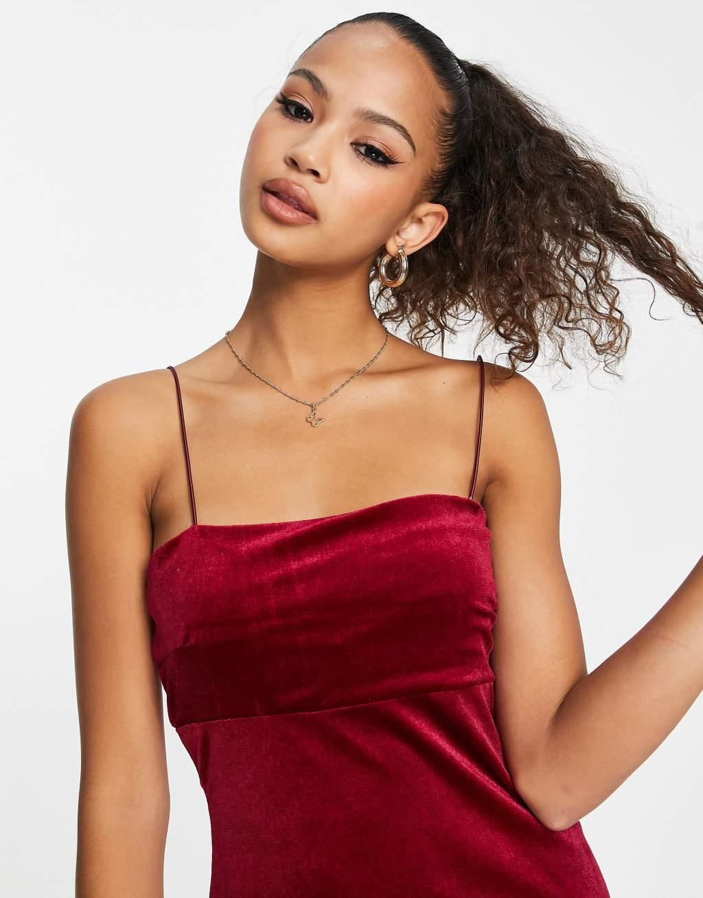 New Look 90s velvet a-line dress in burgundy Product Image