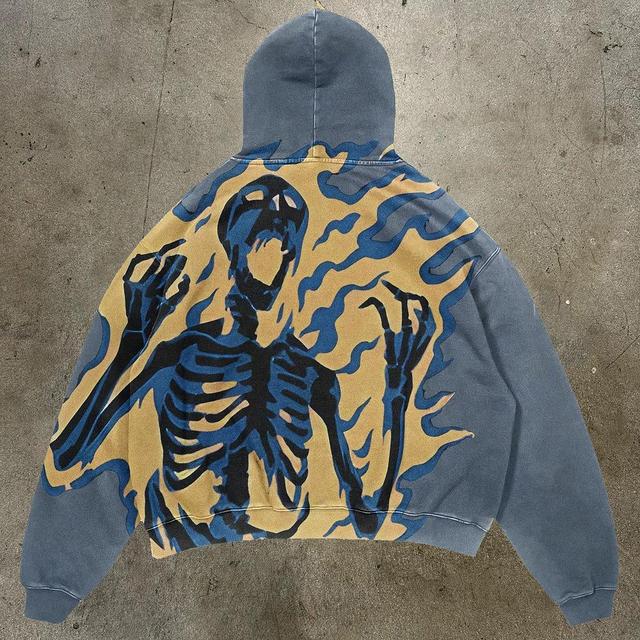 Vintage Skull Hell Fire Print Street Style Graphic Oversized Hoodie Product Image