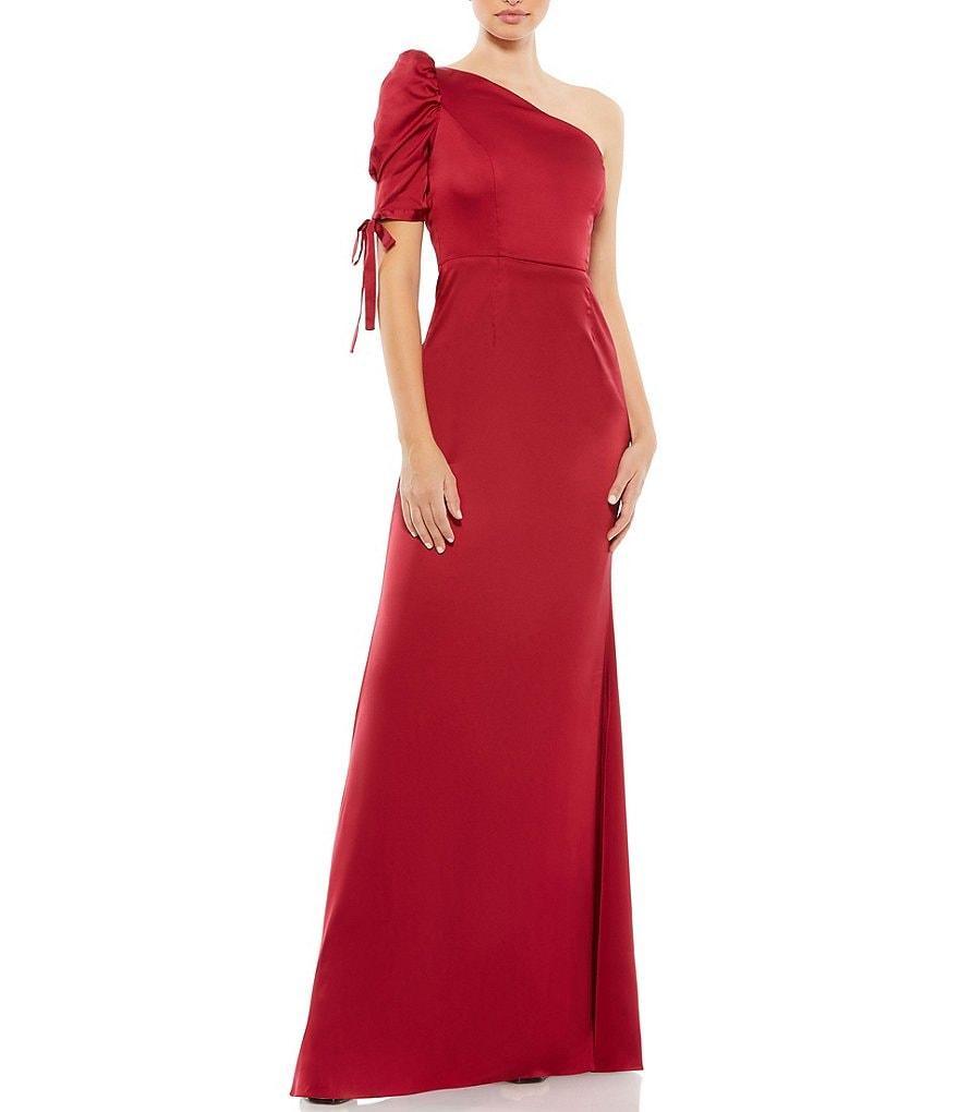 Mac Duggal Satin Asymmetrical One Shoulder Tie Short Puff Sleeve Sheath Gown Product Image