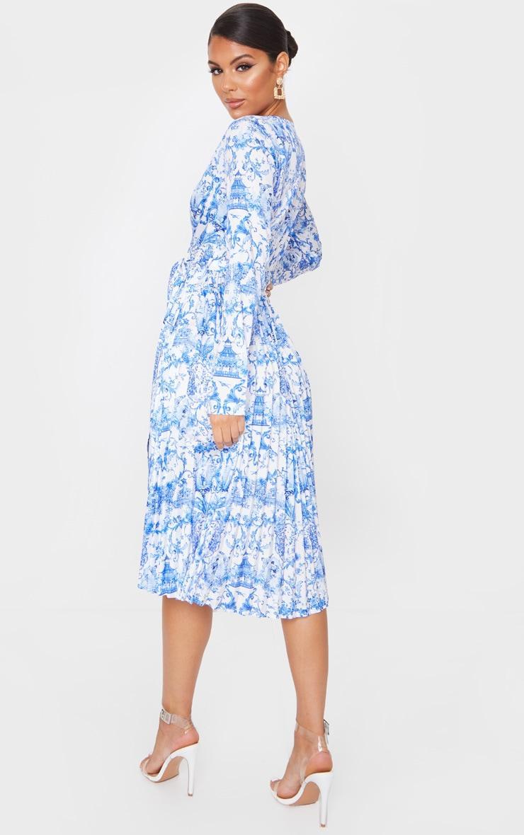 Blue Porcelain Print Long Sleeve Pleated Midi Dress Product Image