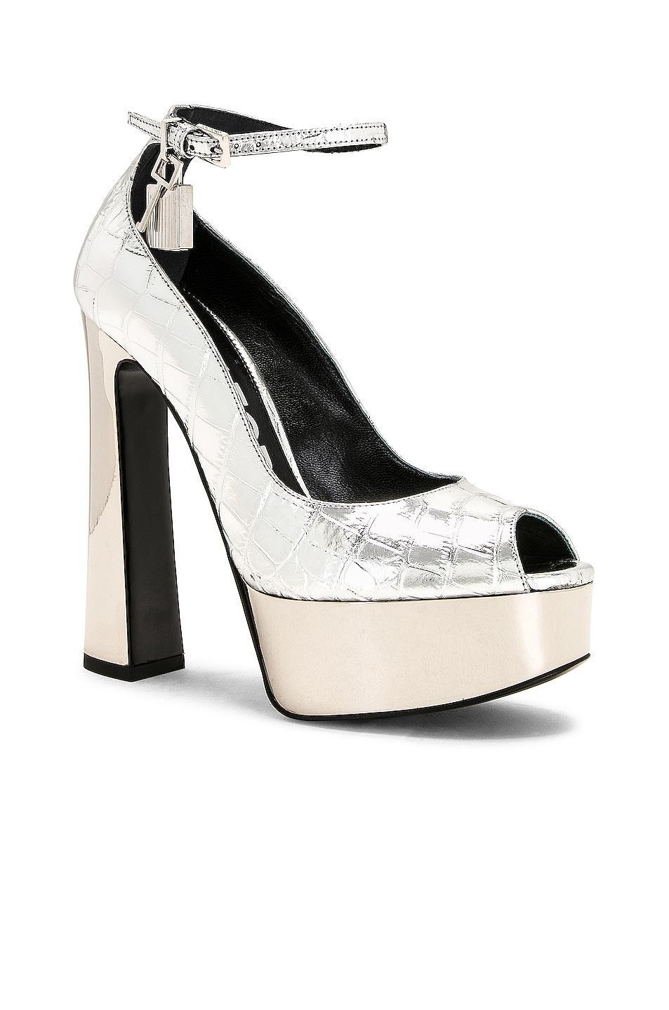 TOM FORD Metallic Stamped Croc Padlock Peep Toe 145 Pump Metallic Silver. (also in ). Product Image