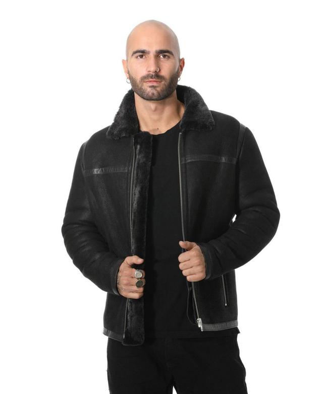 Mens Leather Banded Sheepskin Casual Jacket, Washed Black Wool - Black Product Image