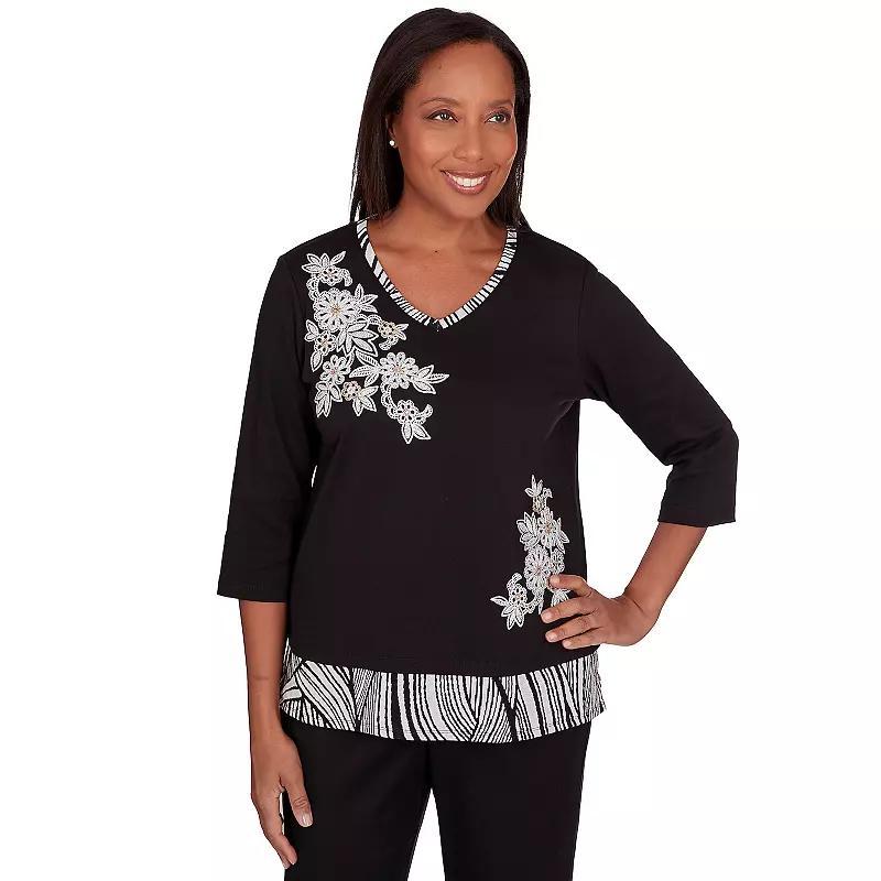 Petite Alfred Dunner Flower Top with Animal Print Trim, Womens product image