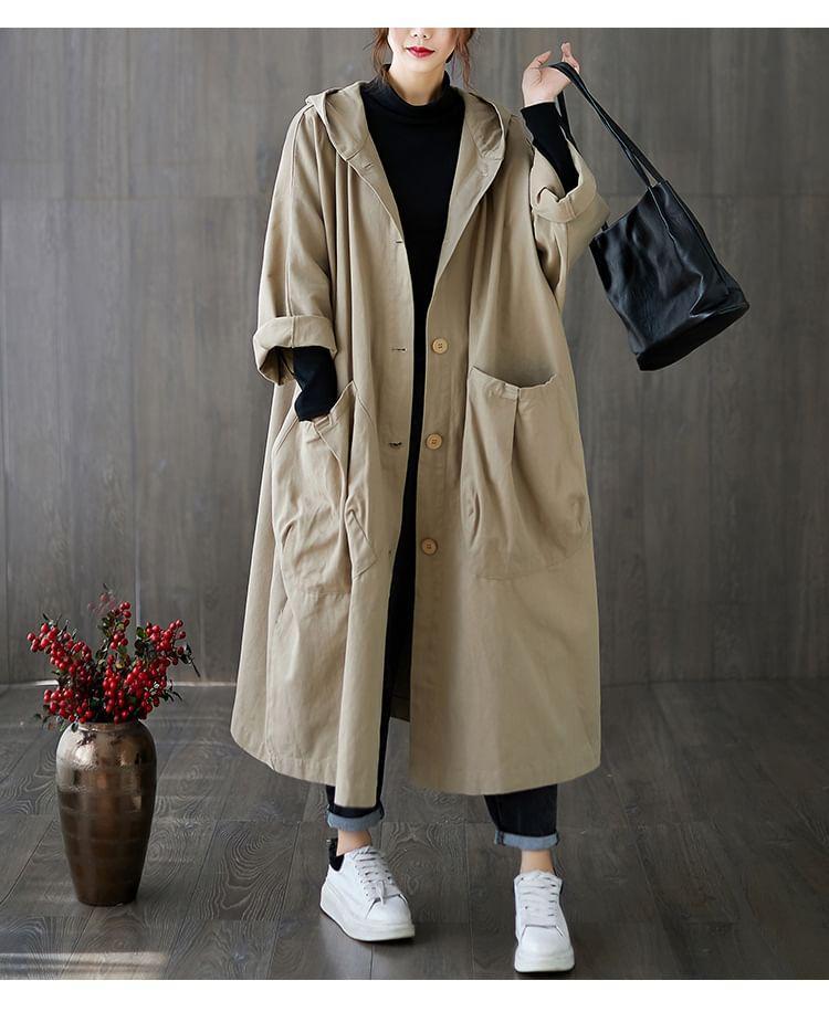 Plain Hooded Button-Up Long Trench Coat Product Image