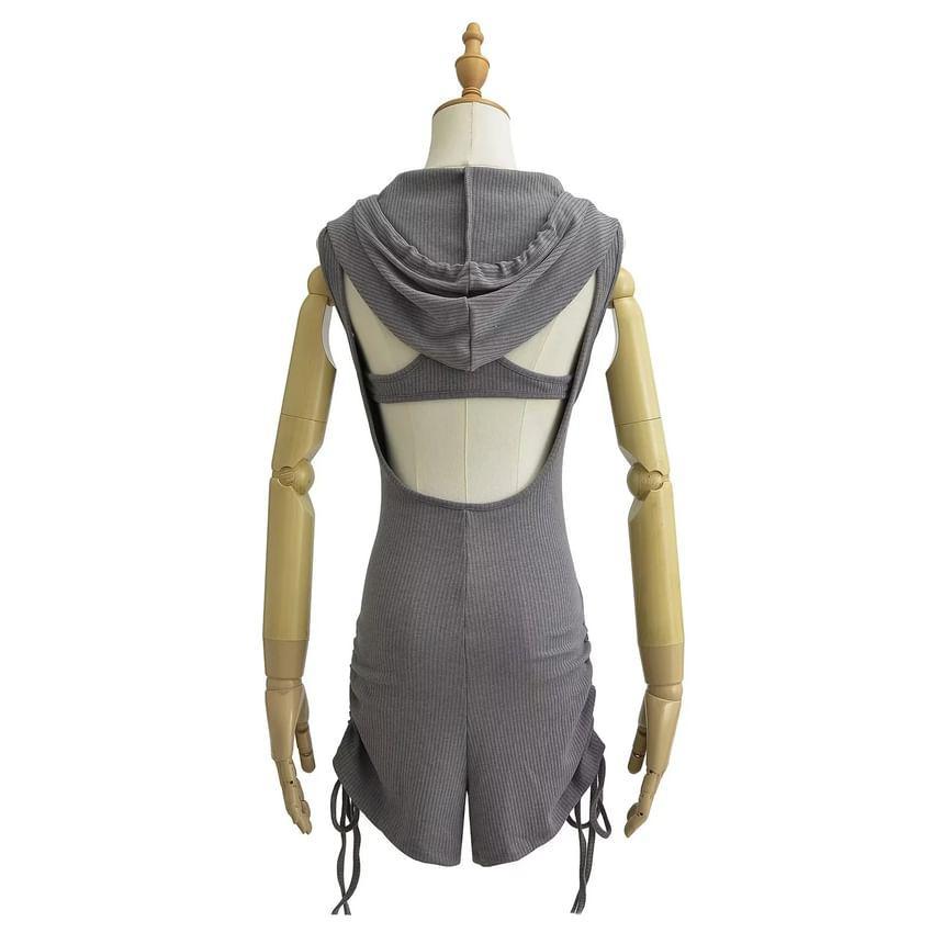 Sleeveless Henley Plain Hooded Drawstring Romper Product Image