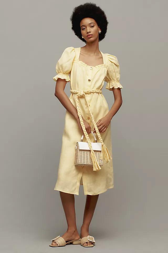 English Factory Puff-Sleeve Button-Front Linen Midi Dress Product Image