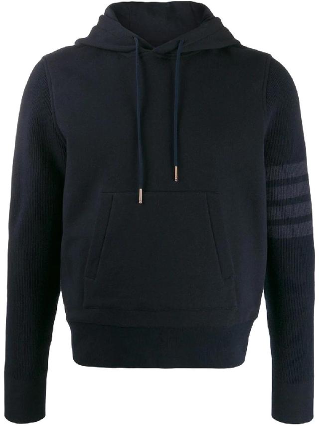 Navy Classic Loopback Ribbed Sleeves 4-bar Pullover Hoodie In Blue Product Image