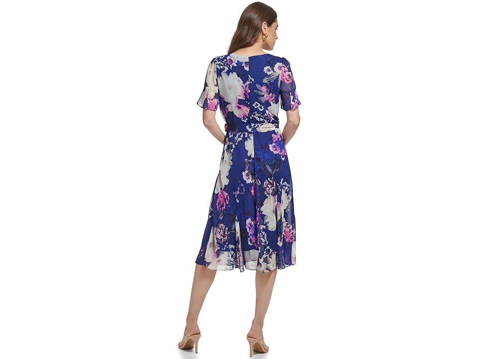 DKNY Godet Sleeve and Skirt Midi Dress (Blueprint/Raspberry ) Women's Dress Product Image