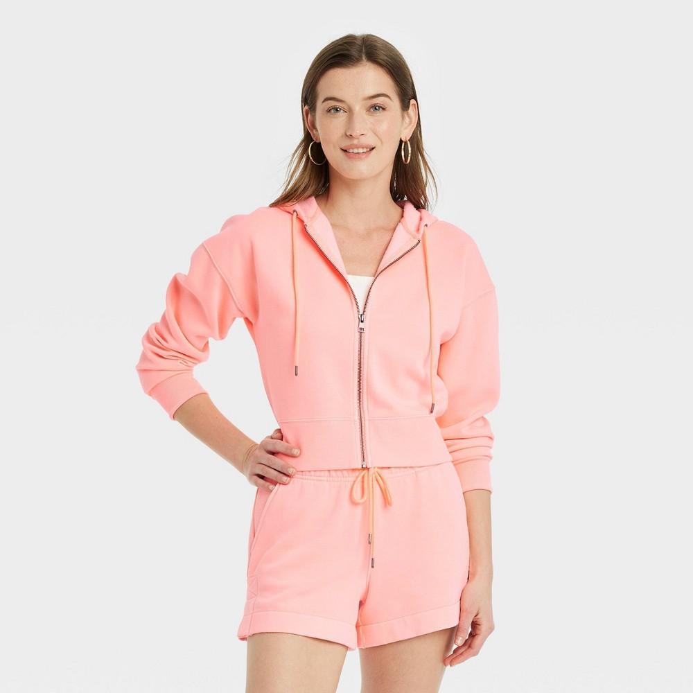 Womens Cropped Full Zip Hoodie Sweatshirt - Universal Thread Bright Coral XS Product Image