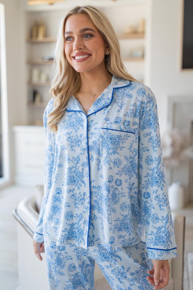 Under The Stars In Blue Floral Fantasy Long Sleeve Bamboo Pajama Top Product Image