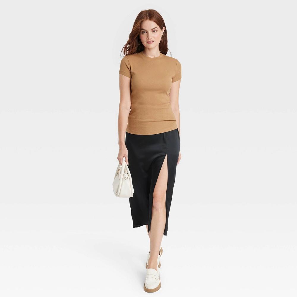 Women's Slim Fit Short Sleeve Ribbed T-Shirt - A New Day™ Tan XL Product Image