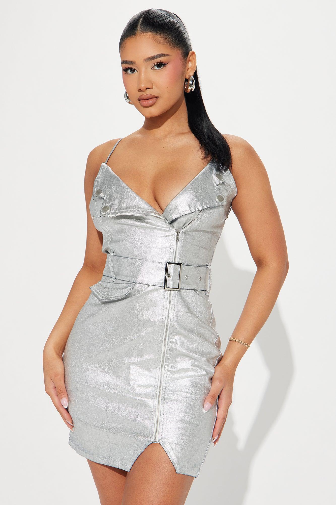 Marley Metallic Denim Mini Dress - Silver Product Image