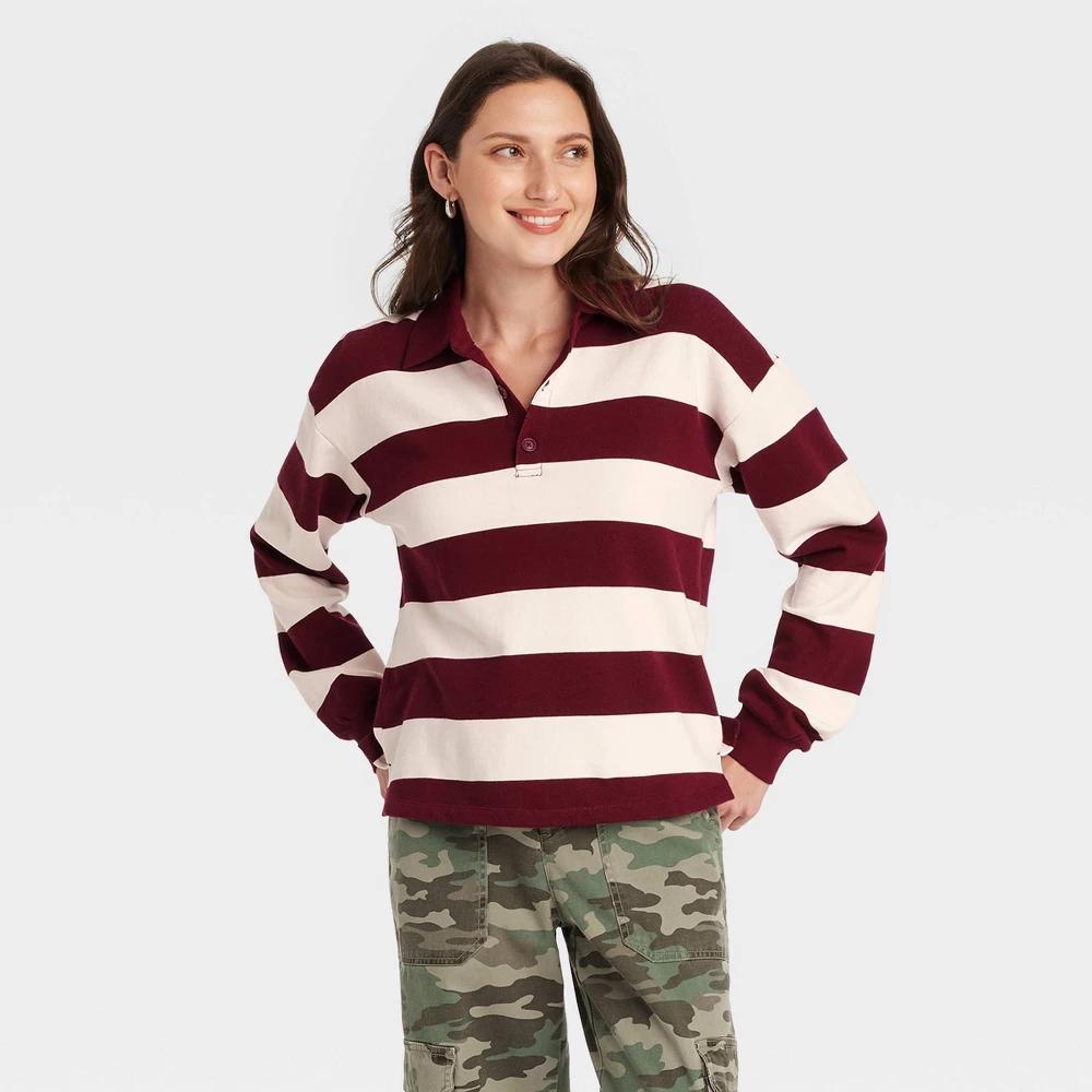 Womens Long Sleeve Polo Shirt - Universal Thread Maroon Striped XS Product Image