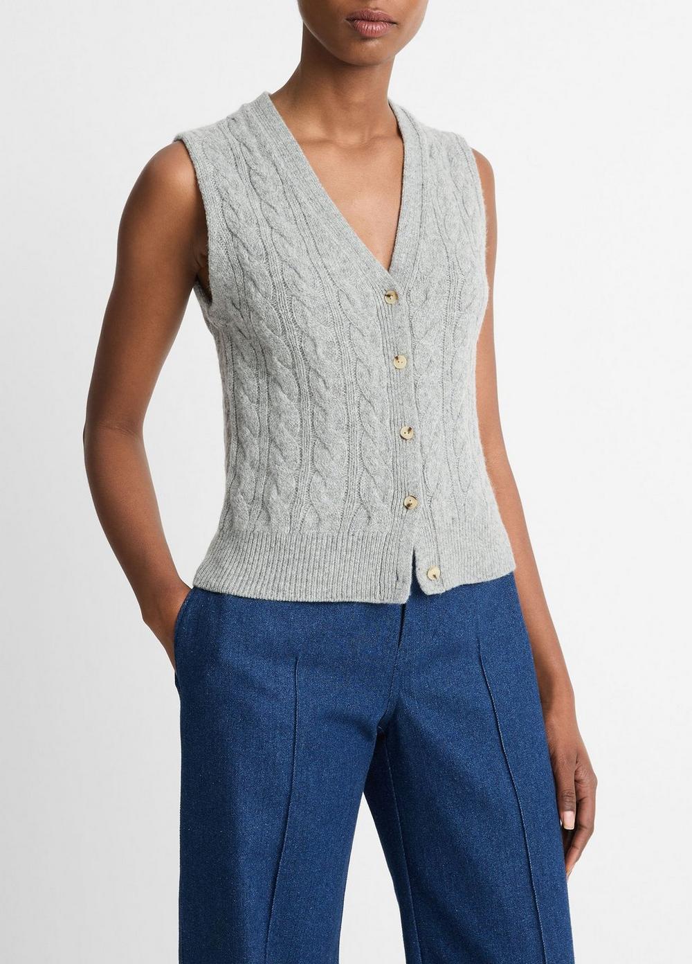 Womens Cable Wool-Blend Button Sweater Vest, Heather Silver Dust, Size XL Vince Product Image