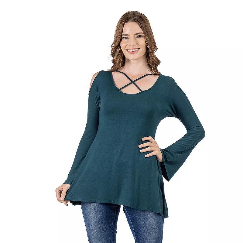 Womens 24Seven Comfort Apparel Criss Cross Cold Shoulder Long Sleeve Top Product Image