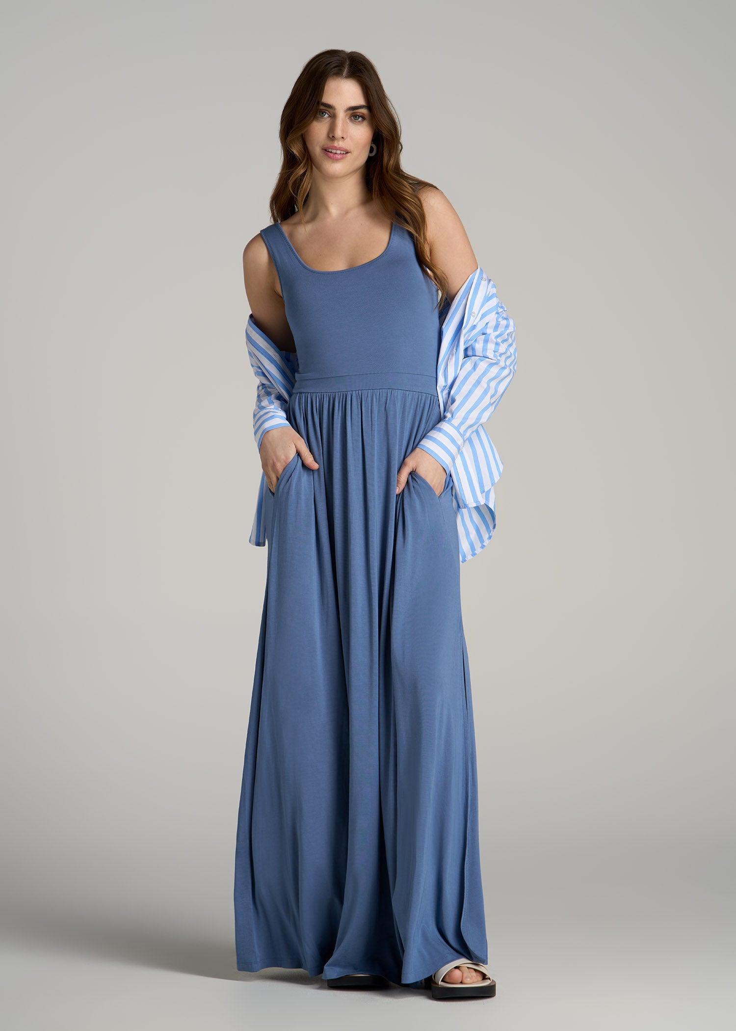 Jersey Tank Maxi Dress with Pockets for Tall Women in Steel Blue Female Product Image