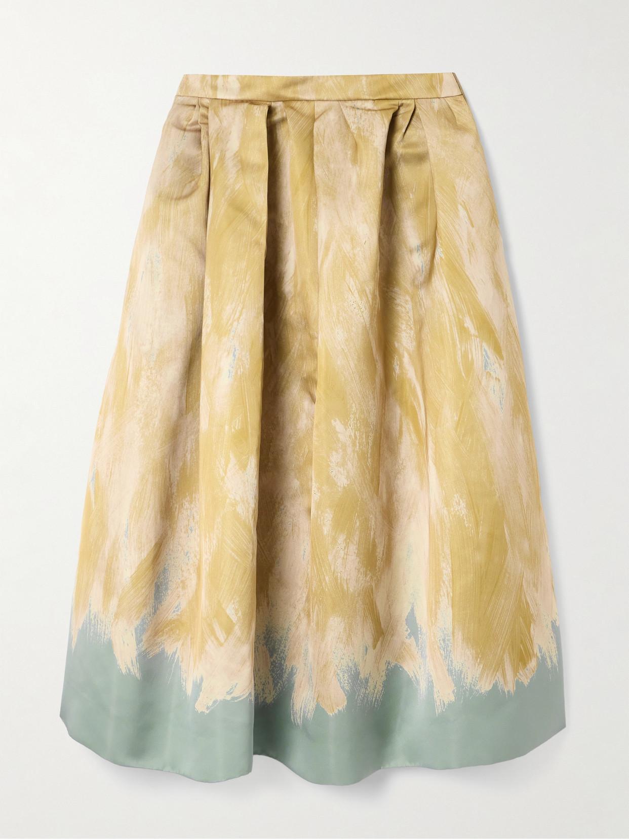 Pleated Printed Matte-satin Midi Skirt In Beige Product Image