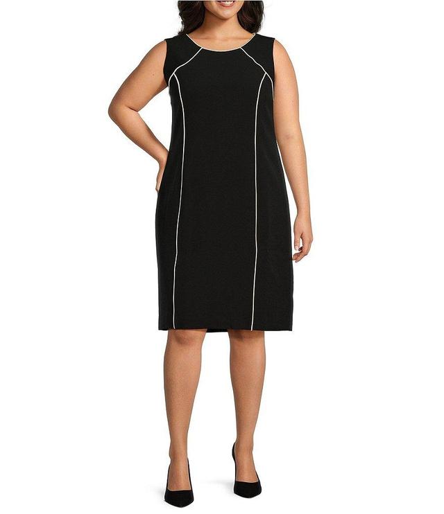 Kasper Plus Size Crepe Contrast Piping Crew Neck Sleeveless Sheath Dress Product Image