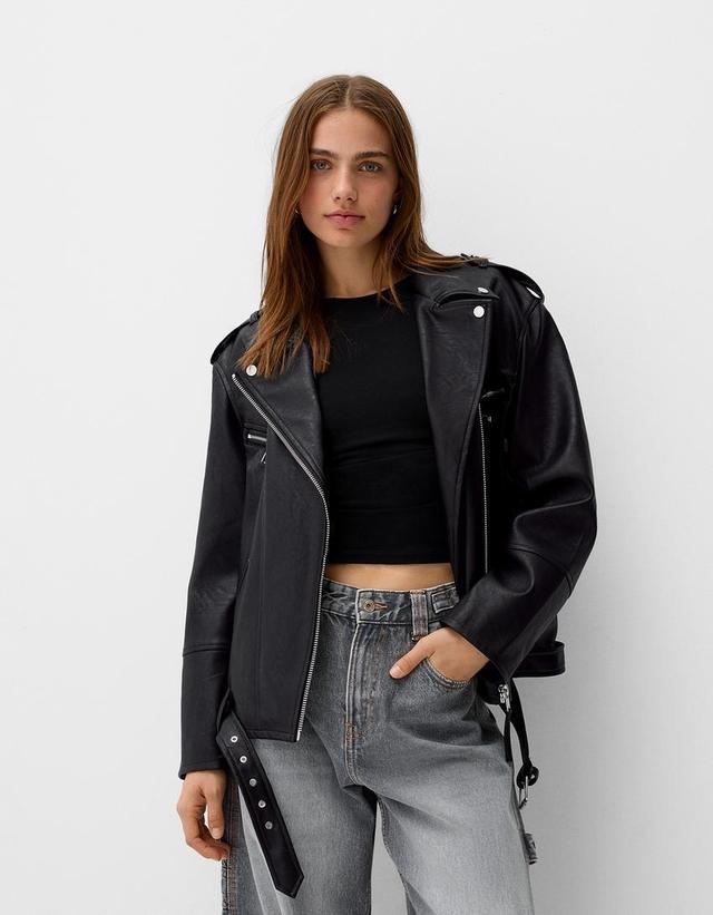 Oversize faux leather biker jacket Product Image