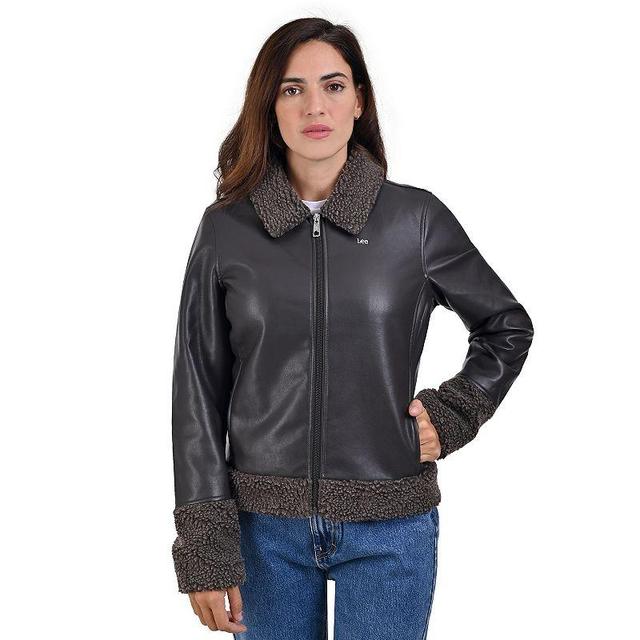 Womens Lee Faux Leather With Faux Shearling Trim Casual Jacket Dark Brown Product Image