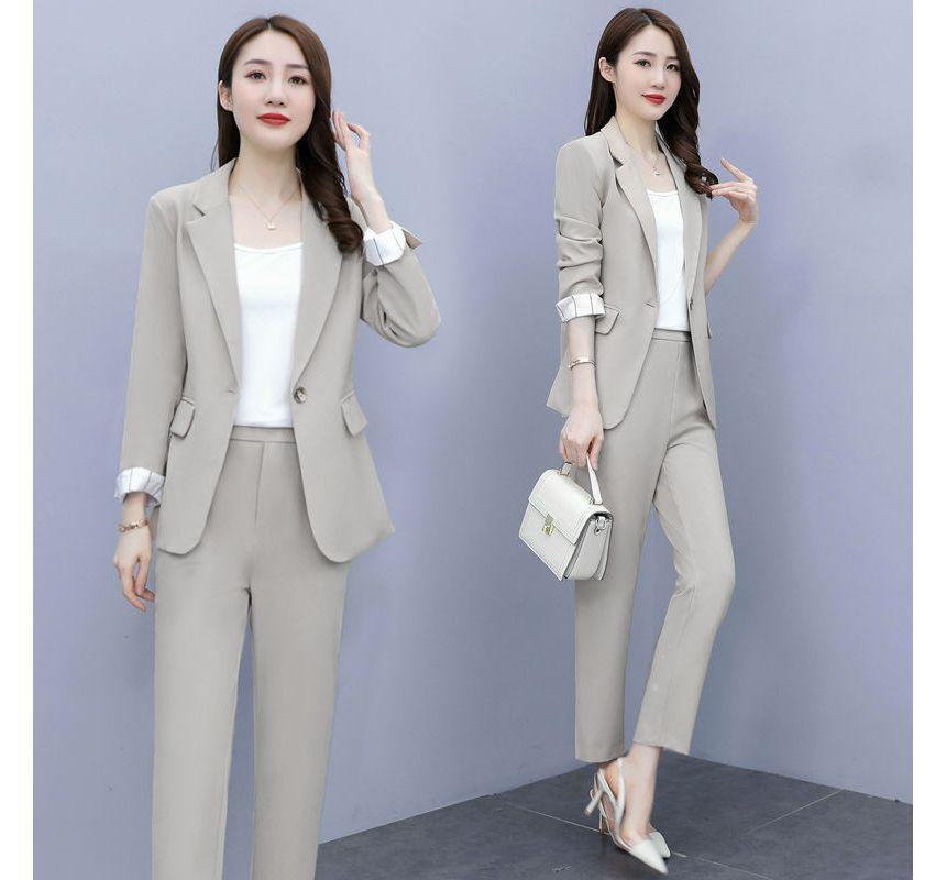 Set Of 3: Plain Single-Button Blazer + Mid Waist Straight Leg Dress Pants + Camisole Top Product Image