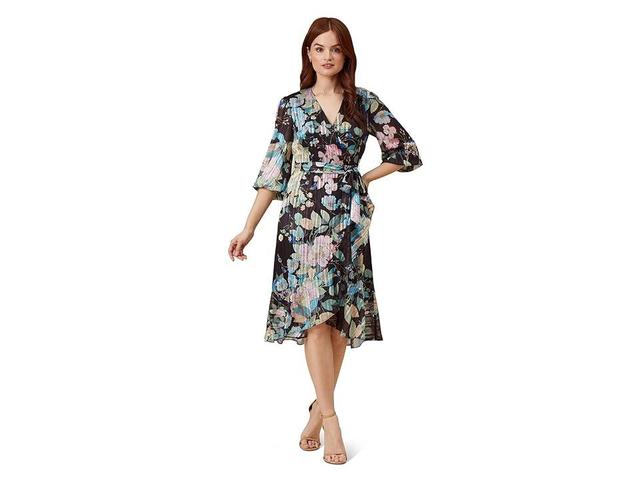 Adrianna Papell Printed Floral Chiffon Wrap Dress with Ruffle Hem (Black Multi) Women's Dress Product Image