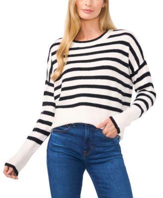 CeCe Womens Striped Boxy Crewneck Sweater Product Image