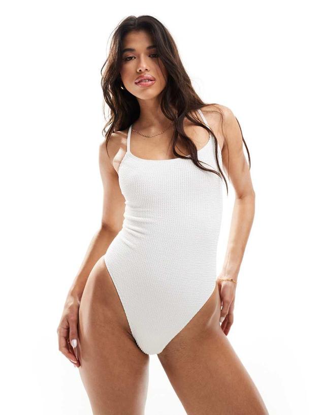 South Beach textured cross back high leg swimsuit in off white Product Image