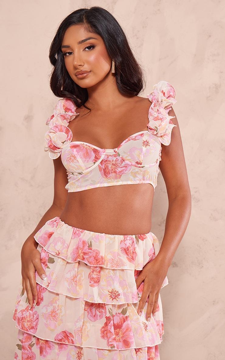 Petite Pink Floral Ruffle Crop Top Product Image