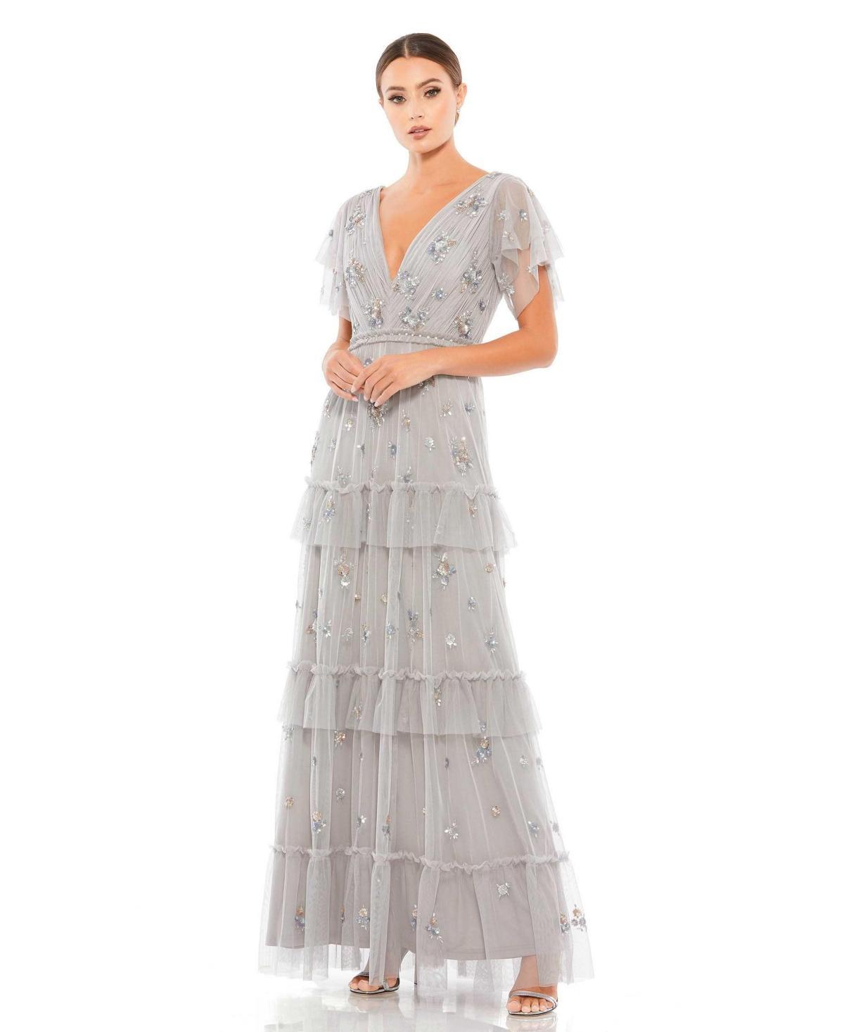 Womens Beaded Tiered Tulle Gown Product Image