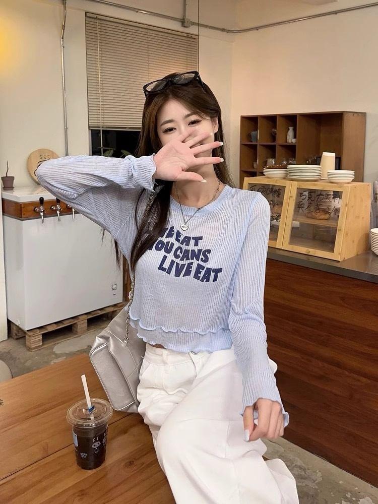 Long-Sleeve Crew Neck Lettering Crop Knit Top Product Image