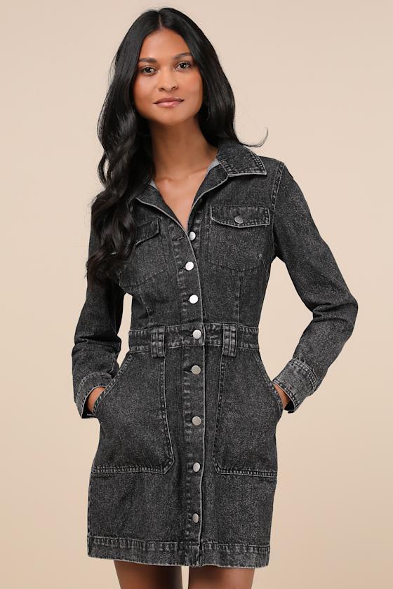 Notoriously Cool Washed Black Long Sleeve Denim Mini Dress Product Image