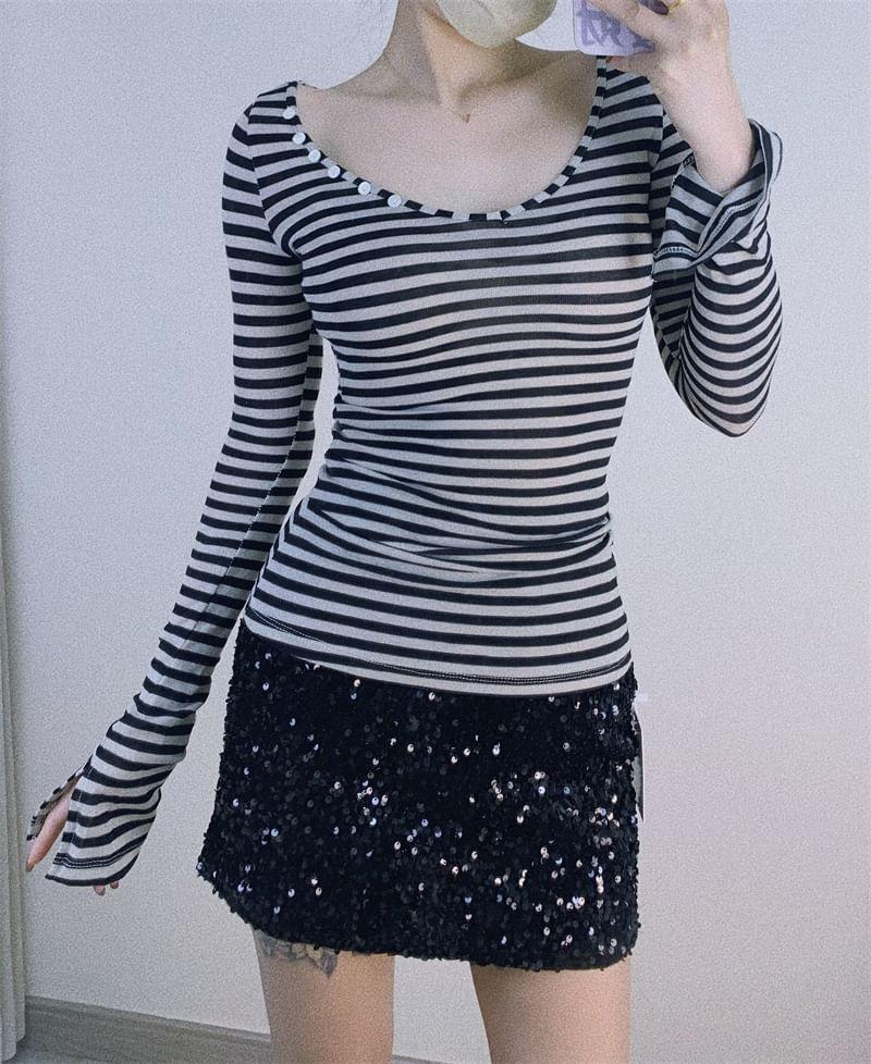 Flared-Sleeve V-Neck Striped Tee Product Image