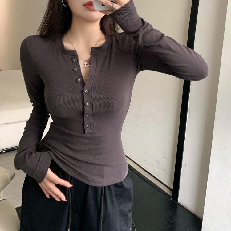 Long-Sleeve Henley Slim Fit T-Shirt Product Image