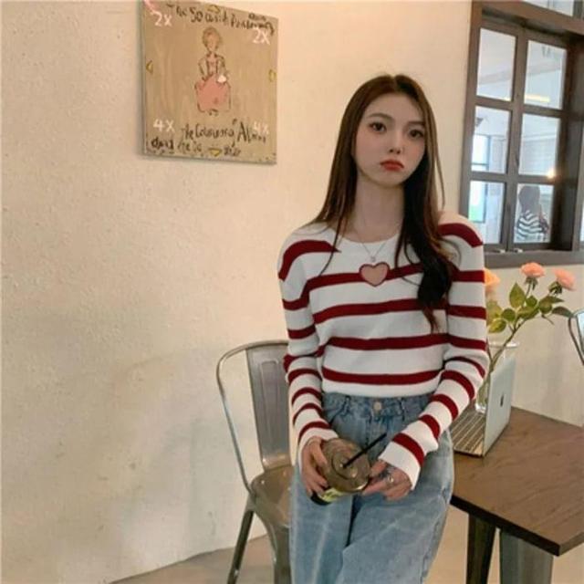 Long-Sleeve Crewneck Heart Cutout Striped Knit Top Product Image